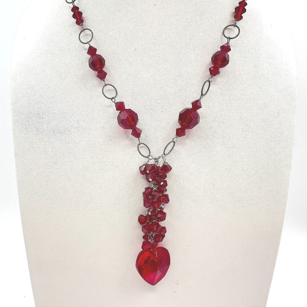 Vintage 90s Red Glass Heart Pendant Necklace Silver Tone Boho Jewelry